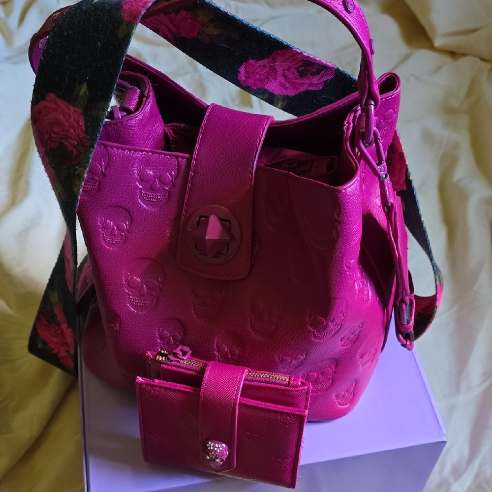 Betsey Johnson Fuchsia Skull Embossed Shoulder Bag